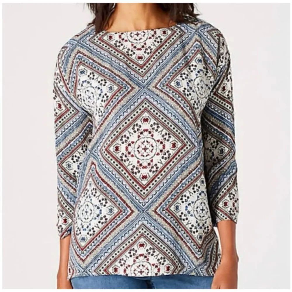 J.Jill Button Back Bandana Tapestry Blouse Red White Blue Size M Petite